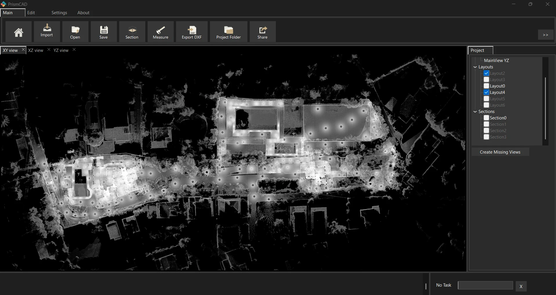 PrismaCAD dark-theme XY view showing a large grayscale point-cloud site