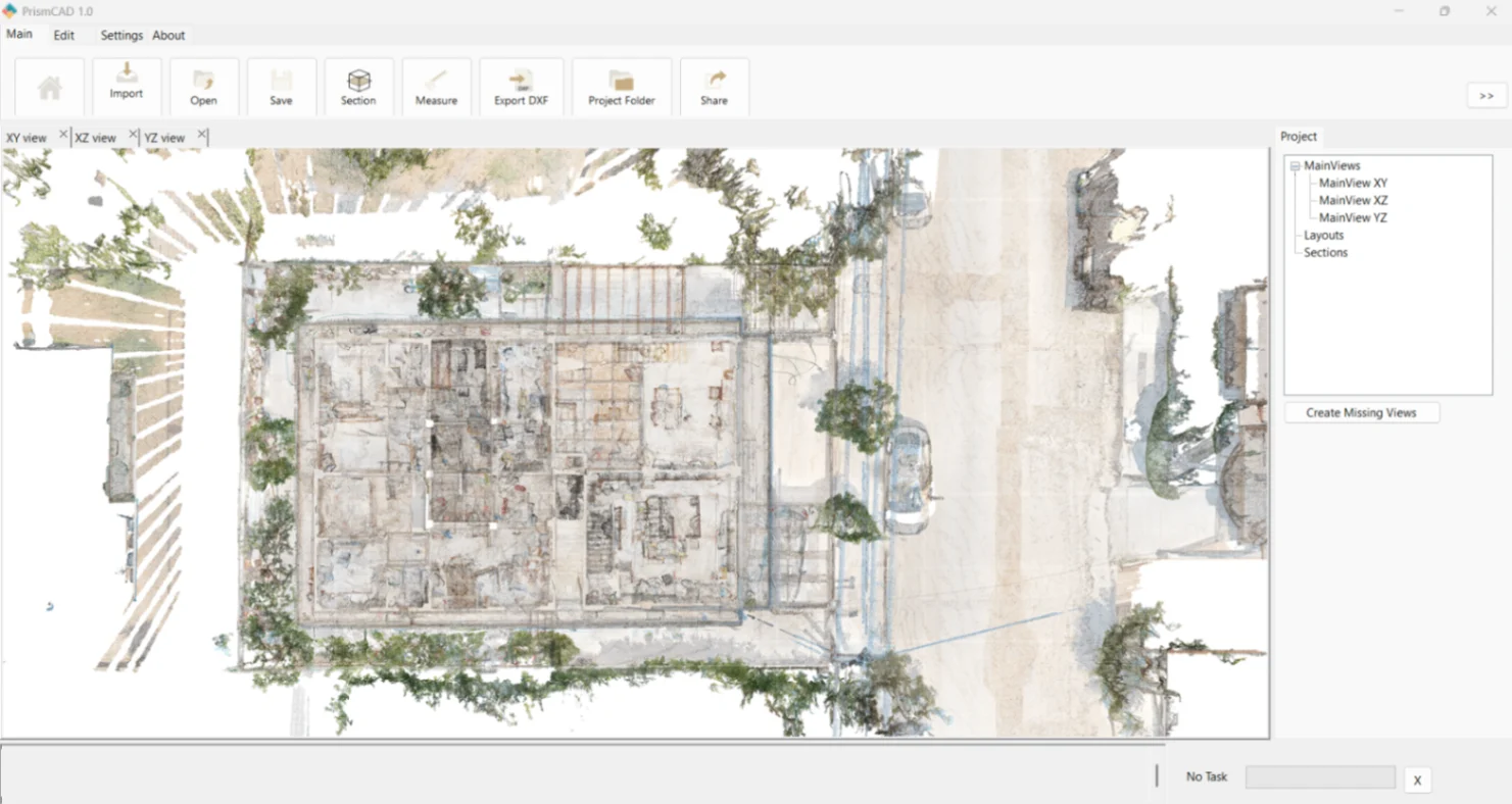 PrismaCAD light-theme XY view showing a detailed color point-cloud plan
